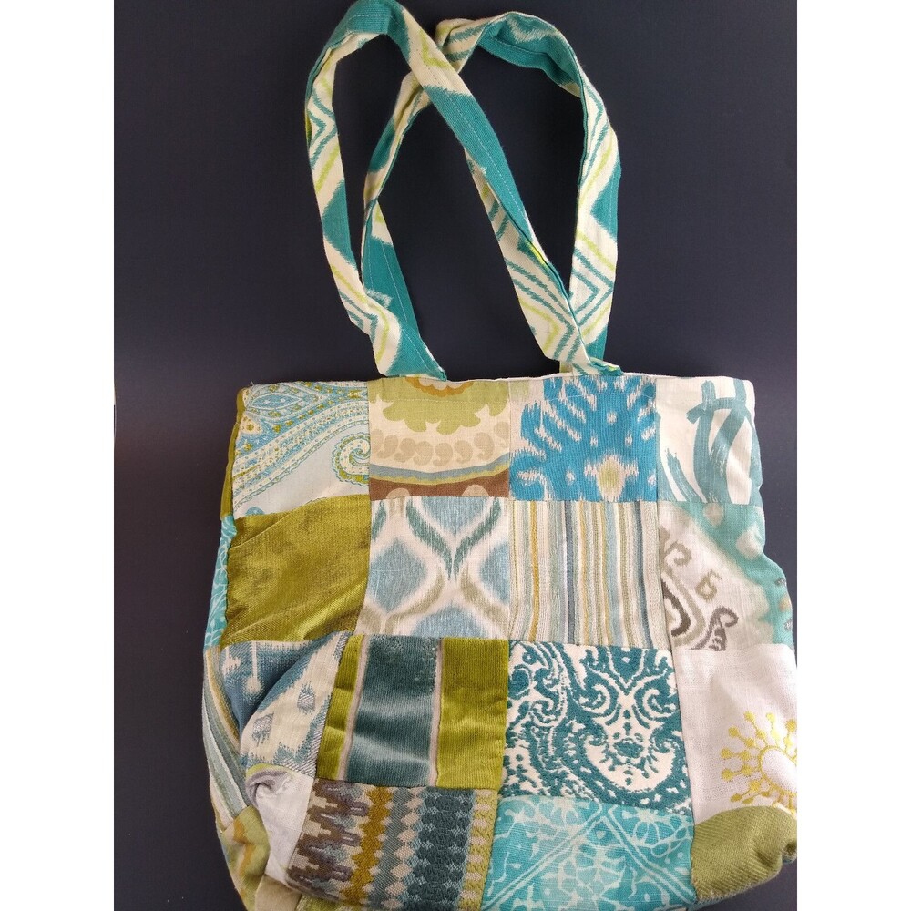Vintage Shopping ToteBag Book Bag Boho Blue Green Brown Handmade Patchwork Quilt